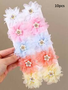 10pcs/Set Girls' Multi-Color Diamond & Pearl Flower Hair Clips, Hair Accessories, Everyday Use - Multicolor - View 10