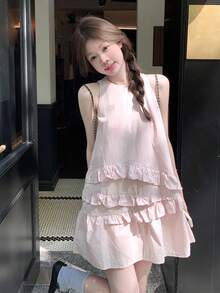 Women's Casual Sleeveless Dress With Ruffled Floral Design, Pink Elegant Summer - Pink - View 2