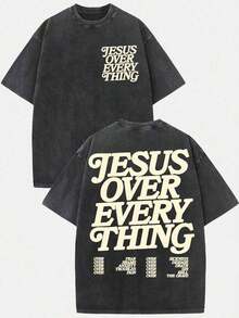 Summer Tops(230g T-Shirt) Washed Cotton "Jesus Over Everything" Religious Graphic Tee, Oversized Casual Crewneck Short Sleeve T-Shirt, Retro Soft Brea - 黑色 - 查看 1