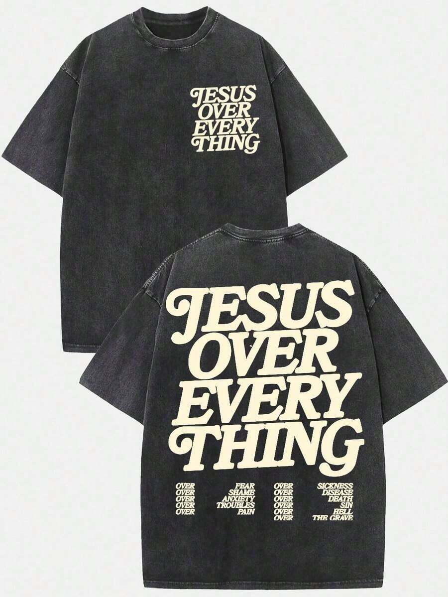 Summer Tops(230g T-Shirt) Washed Cotton "Jesus Over Everything" Religious Graphic Tee, Oversized Casual Crewneck Short Sleeve T-Shirt, Retro Soft Brea - 黑色 - 查看 1