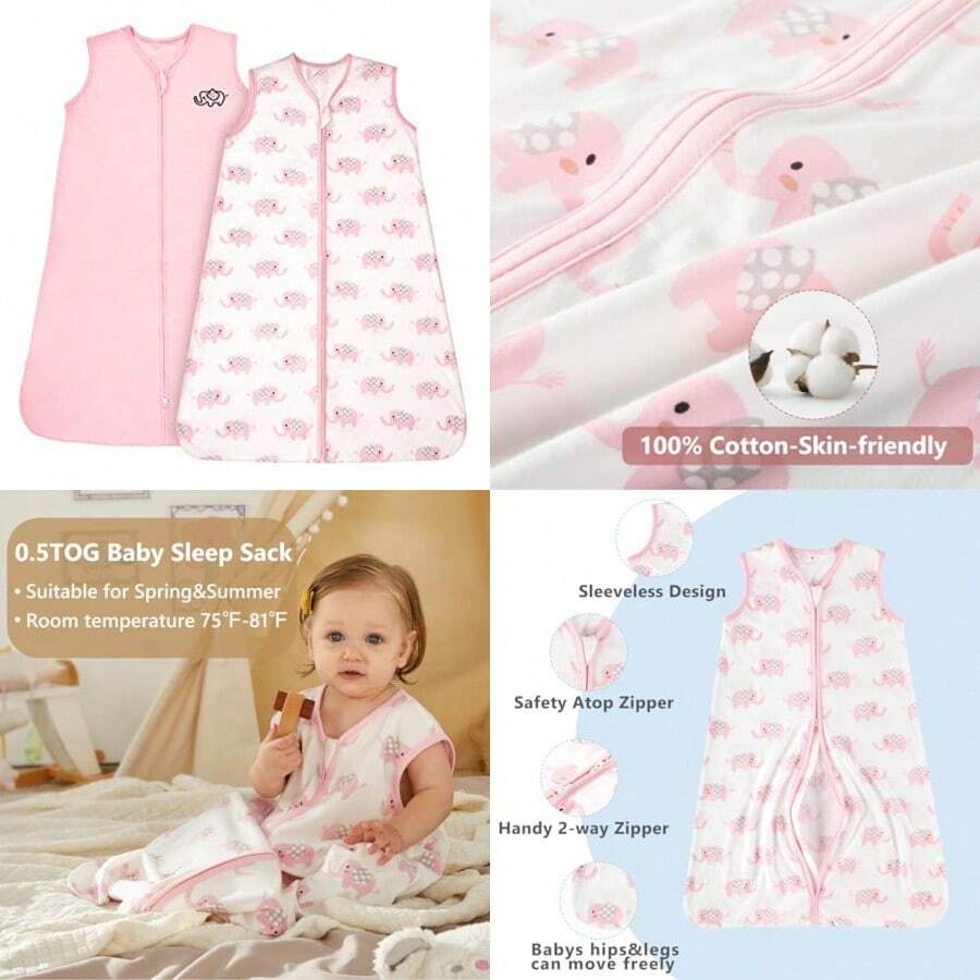 TILLYOU X-Large XL Breathable Cotton Baby Wearable Blanket with 2-Way Zipper Super Soft Lightweight 2-Pack Sleeveless Sleep Bag Sack for Boys Fits Infants Newborns Age 18-24 Months Pink Elephant - como en la foto - Ver 1