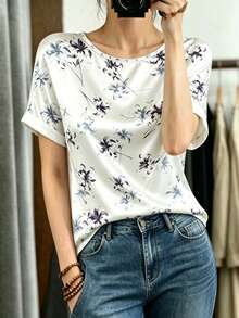 Women's Floral Print Casual Crew Neck Short Sleeve Top, Versatile For Daily Wear Vacation Summer - Apricot - View 3