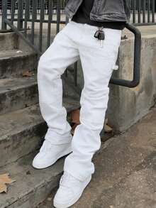 Jeans de corte slim, de estilo coreano, con parches elásticos de color negro y gris lavado, para hombre - Blanco - Ver 4