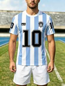 Áo thun bóng đá nam kiểu Argentina số 10, màu xanh nhạt và trắng sọc, in hình "cầu thủ". - Màu xanh nhạt - Xem 1