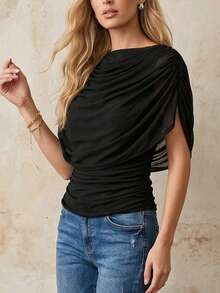 Áo nữ không tay cổ thuyền xếp ly, chất liệu vải dệt kim hơi xuyên thấu, dáng ôm, chiều dài tiêu chuẩn. - màu đen - Xem 5