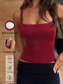 Aoqta Sports Women's Summer Casual Solid Color Camisole, Sleeveless Backless With Chest Pad Slim Fit Sports Tank Top, Suitable For Yoga, Running, Workout, Daily Wear - Burgundy - View 13