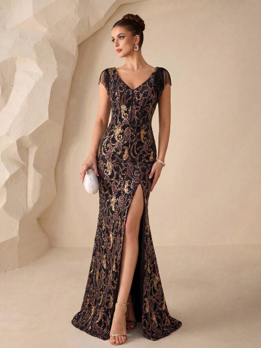SUPGIR Women's V-Neck Sequin Splice Flared Sleeve Fitted Chiffon Elegant Evening Dress - Black - View 1