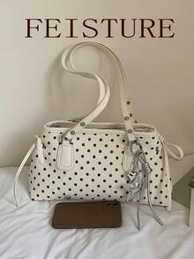 1 Stück FEISTURE Mode Polka Punkt Damen Große Kapazität Unterarm Schultertasche, Riemendesign, mit Anhänger, geeignet für Mädchen, Damen, Studenten, Berufseinsteiger und Büromitarbeiter, ideal für Arbeit, Geschäft, Pendeln, Schule - Weiss - Übersicht 8