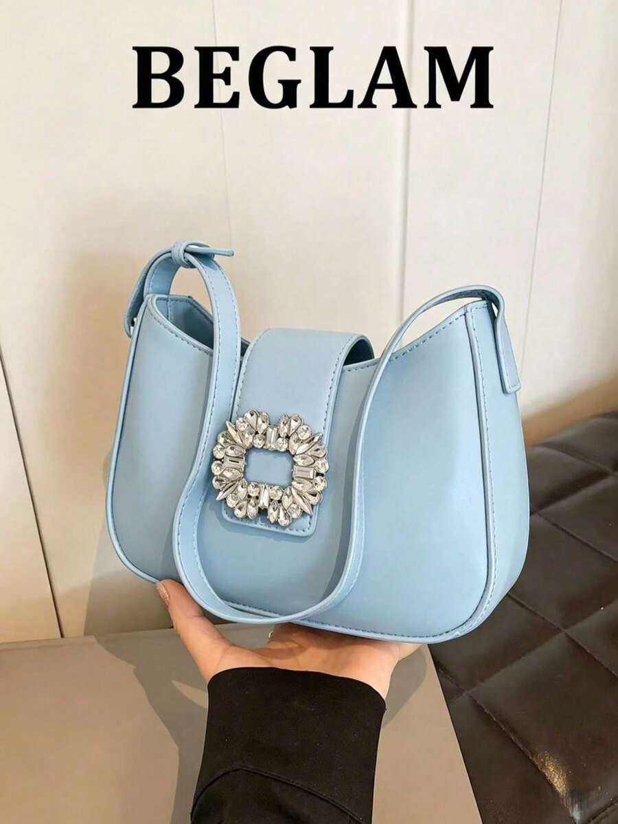 Mini Shoulder Bag With Rhinestone Decor Underarm Bag, Multifunctional And Fashionable Rhinestone Sparkling Saddle Underarm Bag PU Texture Bag Wallet Fashionable Multifunctional Long Bag - Baby Blue - View 1