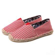 2025夏季条纹时尚帆布鞋，透气防臭亚麻鞋底编织鞋，耐穿防滑渔夫鞋，套脚休闲鞋，传统北京布鞋 - 細條紋紅色 - 查看 9