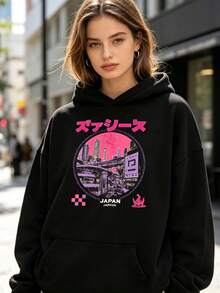 Mens Retro Cyberpunk Lights Japanese Streetwear Hoodie Oversized Pixel Pullover Sweatshirt With Japanese Text Loose Fit - màu đen - Xem 5
