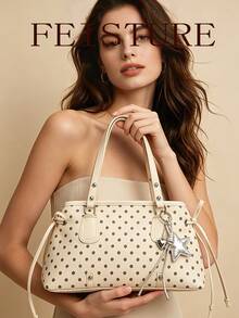1 Stück FEISTURE Mode Polka Punkt Damen Große Kapazität Unterarm Schultertasche, Riemendesign, mit Anhänger, geeignet für Mädchen, Damen, Studenten, Berufseinsteiger und Büromitarbeiter, ideal für Arbeit, Geschäft, Pendeln, Schule - Weiss - Übersicht 3