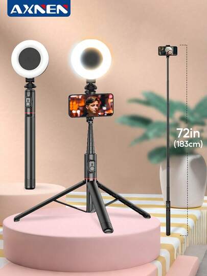 AXNEN 183cm (72 Inches) Professional Selfie Stick Tripod, Portable Travel All-In-One Hidden Design, Extendable Aluminum Alloy Super Long Pole With Cold Shoe Mount, 360° Rotatable Phone Holder With Wireless Remote, Compatible With IOS And Android Phones, Suitable For Selfie, Video Recording, Vlogging, Live Streaming, Etc.