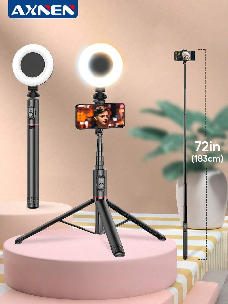 AXNEN 183cm (72 Inches) Professional Selfie Stick Tripod, Portable Travel All-In-One Hidden Design, Extendable Aluminum Alloy Super Long Pole With Cold Shoe Mount, 360° Rotatable Phone Holder With Wireless Remote, Compatible With IOS And Android Phones, Suitable For Selfie, Video Recording, Vlogging, Live Streaming, Etc.