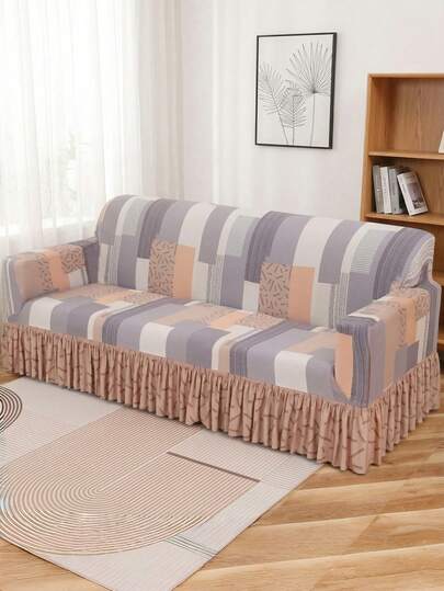 Colorful Checkered Art Sofa Cover With Skirt Hem, Elegant And Unique, Exuding A Modern Style, Suitable For Bedrooms, Living Rooms, Offices, Apartments, Dormitories, And Parties, Creating A Fashionable And Artistic Home Decoration. Suitable For 1/2/3/4 Seater Sofas, Made Of Comfortable Elastic Fabric