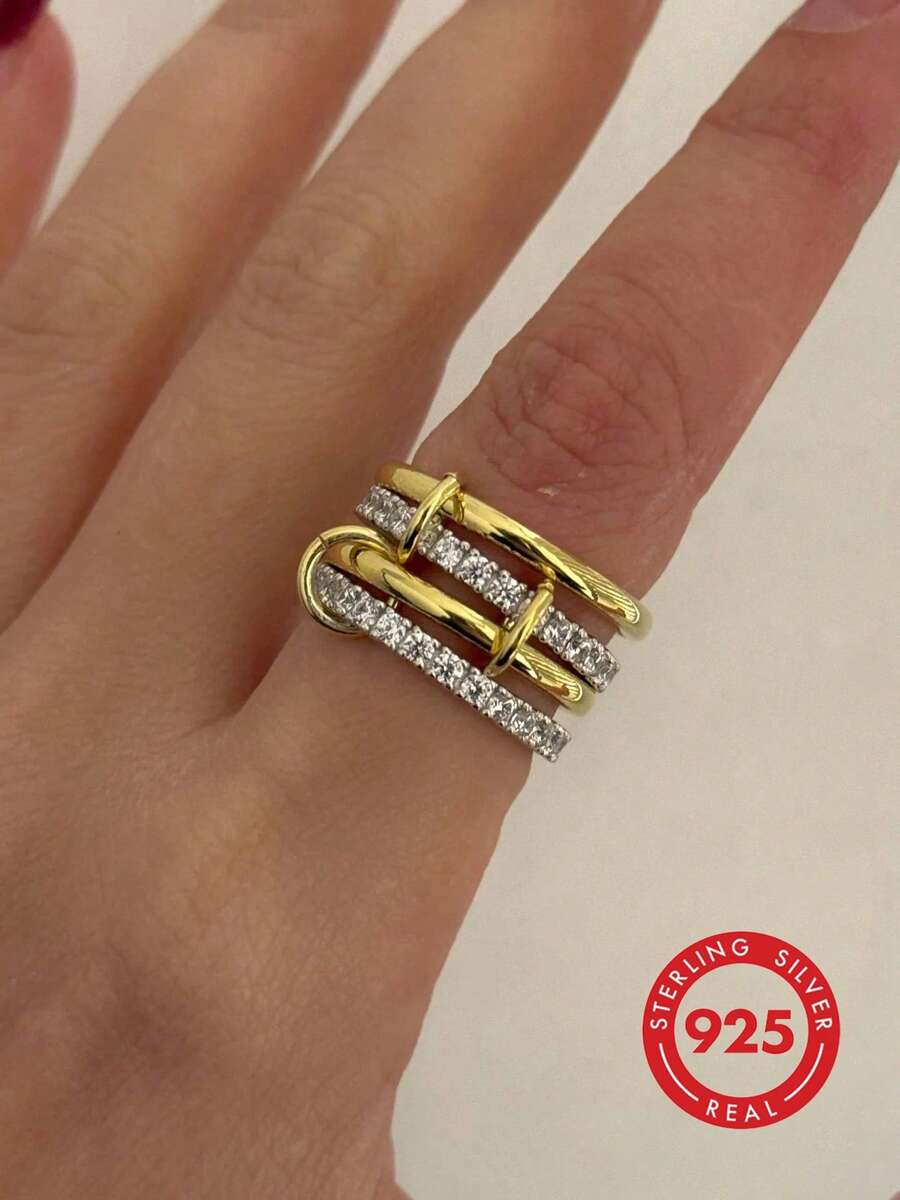 1pc 925 Sterling Silver Interlocking Ring, Inlaid With Diamonds And Sparkling Cubic Zirconia, Suitable For Men And Women, Can Be Paired With Daily Outfits Or As Party Accessories. High-Quality Ring, Exquisite Jewelry, Great Gift Item.