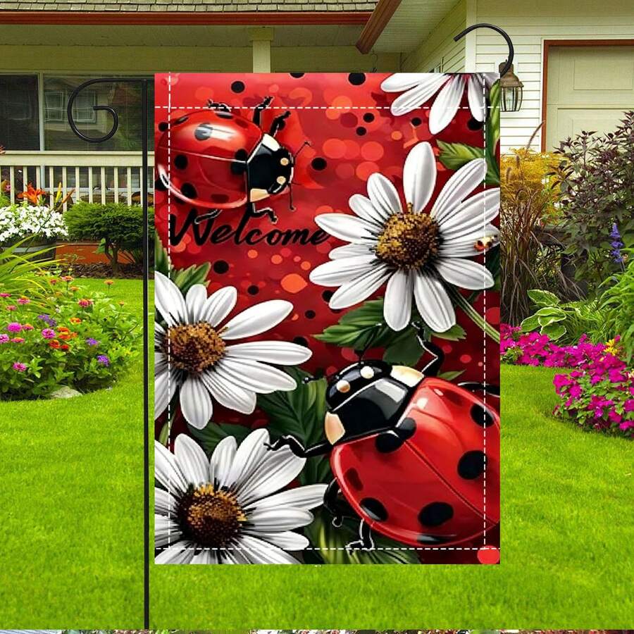2D-Flat Print Garden Flag, Ladybug Sunflower Print, Garden Decor, 30x45cm, Flagpole Not Included - 30x45cm - Xem 1
