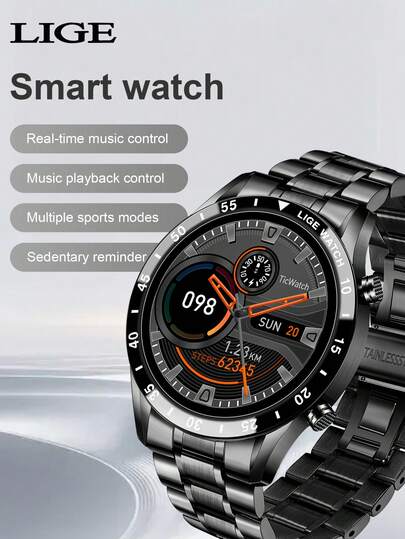  Smartwatch LIGE: Esfera redonda, correa de acero inoxidable, múltiples funciones deportivas, resistente al agua, pronóstico del tiempo, reproducción de música, notificaciones de llamadas, alarma, alertas de mensajes de texto, seguimiento de actividad - Un smartwatch deportivo y multifuncional de estilo elegante para hombres