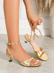Women's Gold Kitten Heel Sandals, Casual Summer Strap Open Toe Party Dress Shoes - Gold - View 2