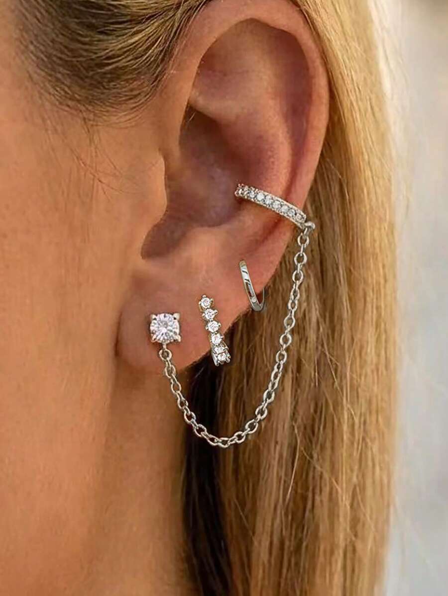 3PCS Fashion Unique Round Zirconia Hoop Earrings Sets For Woman Tassel Chain Ear Stud Hypoallergenic Cartilage Piercing Jewelry - 3PCS-silver 1 - View 1