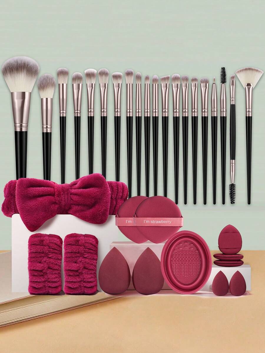 Bộ cọ trang điểm 33 món, bao gồm: 20 cọ trang điểm + 1 băng đô + 2 dây đeo cổ tay + 2 bông mút trang điểm + 2 bông tán kem nền + 1 dụng cụ vệ sinh cọ + 3 bông mút trang điểm mini + 2 bông tán kem nền mini, bộ dụng cụ đa năng tiện lợi cho người mới bắt đầu | Quà tặng du lịch lý tưởng | Hoàn hảo cho người mới bắt đầu/phụ nữ - Nhiều màu - Xem 1