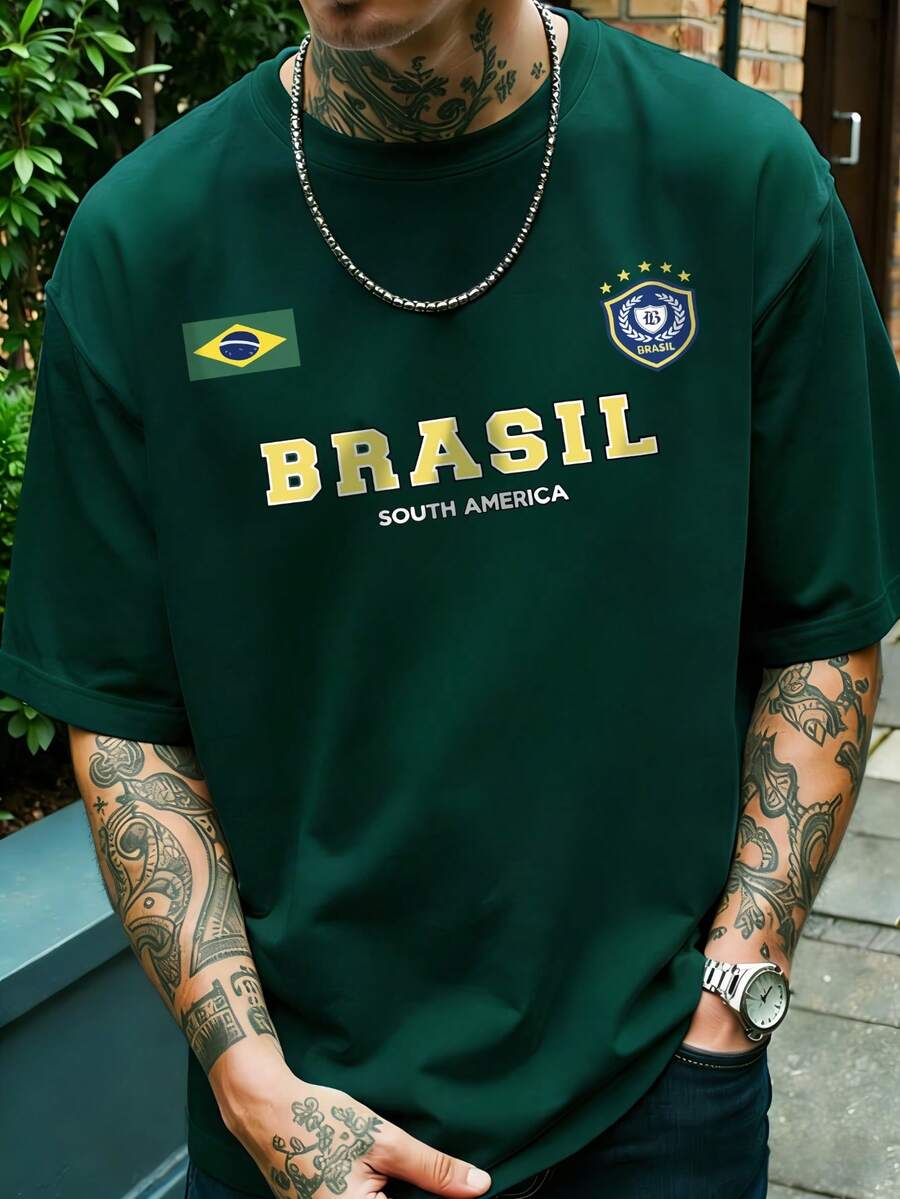 男士图案T恤，复西足球球衣，休闲足球迷装扮，足球衫，100%聚酯纤维透气针织面料，常规版型圆领设计 - 墨綠色 - 查看 1