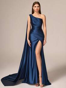 VIPGIRL Đầm dạ hội cao cấp màu xanh hải quân mới về, thiết kế tay áo bèo nhún bất đối xứng, xẻ tà cao, thanh lịch dành cho nữ. - Xanh đậm - Xem 4