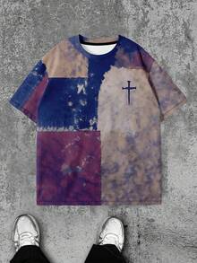 Men's Vintage Patchwork Graphic T-Shirt, Jesus Cross Faith Pattern Round Neck Tee, Suitable For Daily Wear - Mocha Brown - View 3