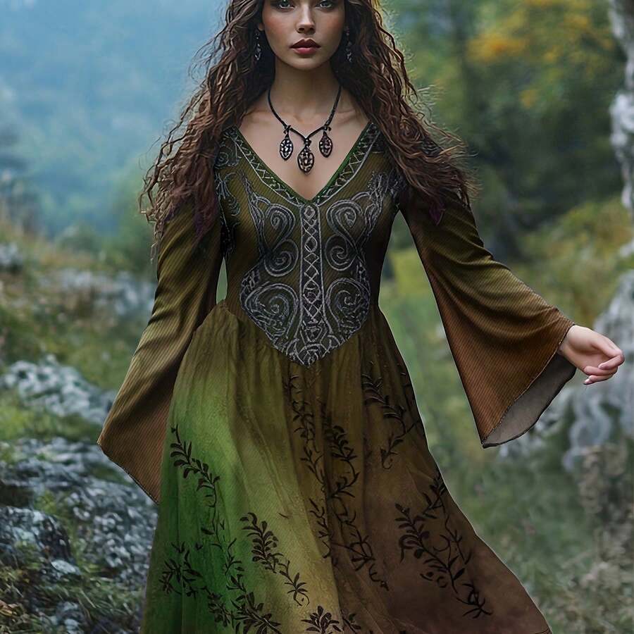 Plus Size, Women's Plus-Size Viking Celtic Knot V-Neck Dress - Elegant Long Formal Wedding Guest Gown, Machine Washable - Historical Costume With Varsity Suitable For Body Types - 金卡其色 - 查看 1