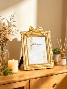 1pc Large Petal-Shaped Resin Photo Frame Stand, Vintage Style Resin Frame, Decorated With Succulents And Golden Palm Leaf Texture, Elegant Retro Design, Suitable For Wall And Tabletop Display - Multicolor - View 7