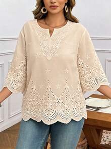Blusa con cuello en V de encaje y mangas 3/4, nueva llegada de primavera/verano - Albaricoque - Ver 4