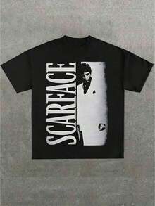 T-Shirt With Casual Print, 100% Cotton, Round Neck, Short Sleeve, 220g Cotton, For Going Out, Gift, Summer, Unisex, Scar Face Tony Lots O Light (1 Piece). - 黑色 - 查看 7