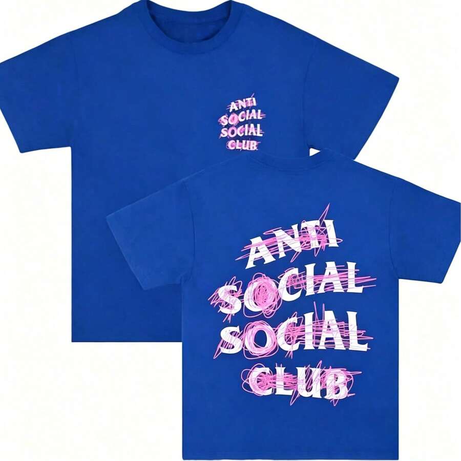 Cotton Double-Sided Printed, Anti Social Club Printed T-Shirt, Suitable For Daily Wear, Casual Summer Wear, Slightly Elastic, Breathable, Outdoor Holiday Sports, Gift T-Shirt, Holiday Gift, Perfect Gift. - 藍色 - 查看 1