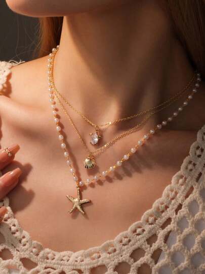 3件套14K镀金海洋系列项链套装 - 海星、贝壳、海龟，配锆石和仿珍珠吊坠