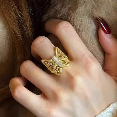 Vintage Hollow Design Wide 18K Gold Plated Butterfly Ring, Luxury Jewelry With Regal Retro Style