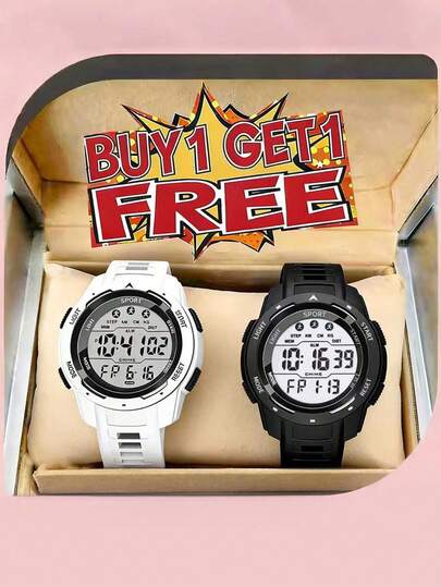 BUY 1 GET 1 FREE 2Pcs Unisex Sport Watch Set, Digital Watch With Pedometer, Alarm & Backlight For Couples & Students