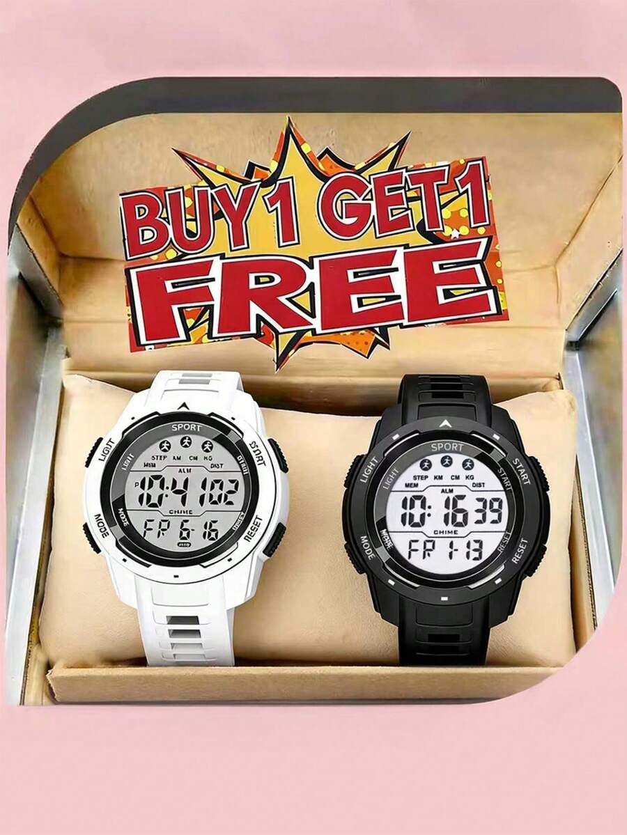 Buy 1 Get 1 Free, 2pcs/Set Unisex Sports Watch With Pedometer, Alarm Clock, Backlight Function, Couples/Students Watch - Multicolor - View 1