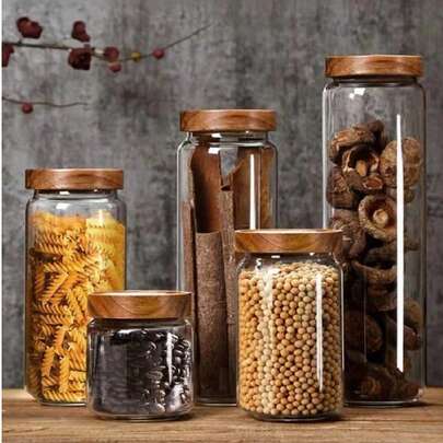 1 Stück Glas-Vorratsglas mit Holzdeckel, Küchen-Aufbewahrungsflasche, luftdichter Lebensmittelbehälter für Tee, Kaffeebohnen, Getreide, Süßigkeiten, Gewürzregal (einzelnes Glasglas)