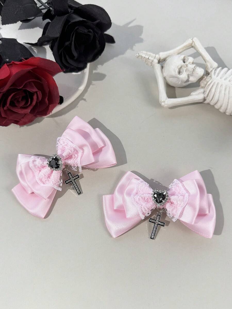 2pcs Gothic Style Pink & White Lace Ribbon, Crystal Heart Cross Accessories, Street Fashion Hair Clips, Suitable For Festival Outfits And Daily Wear For Gothic Enthusiasts,Travel,Party - Pink - View 1