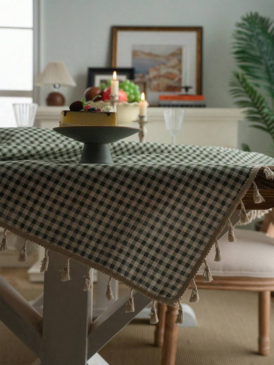 1 tấm lót bàn ăn nhà bếp in họa tiết kẻ caro xanh lá cây, kiểu dáng trang trại tối giản Bohemian Mỹ, chất liệu vải lanh có tua rua, thích hợp cho phòng ăn, nhà bếp, bàn ăn, tiệc tùng, lễ hội, khách sạn, quán cà phê, phòng ngủ, mọi mùa. - màu xanh lá - Xem 1