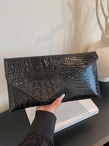 时尚纯色高品质手拿包，新款秋季鳄鱼纹休闲优雅百搭女士手提包 - 黑色 - 查看 6