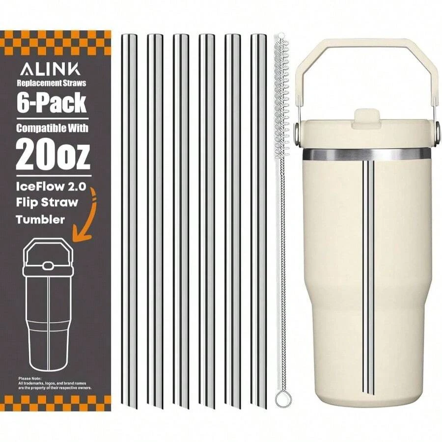 Stainless Steel Straws Compatible With IceFlow 2.0 Flip Straw Tumbler 20oz, 6 Pack Reusable Metal Straws Flow 20oz 2.0 Cup Lid Only, Plus Straw Brush - 20 OZ 2.0 - Xem 1
