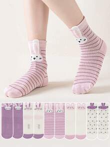 5 Pairs Kids Socks, Cartoon Polka Dot & Striped Rabbit Pattern Girls Toddler Knee-High Socks, Versatile Purple Tone, Suitable For Casual Daily Wear - Multicolor - View 2