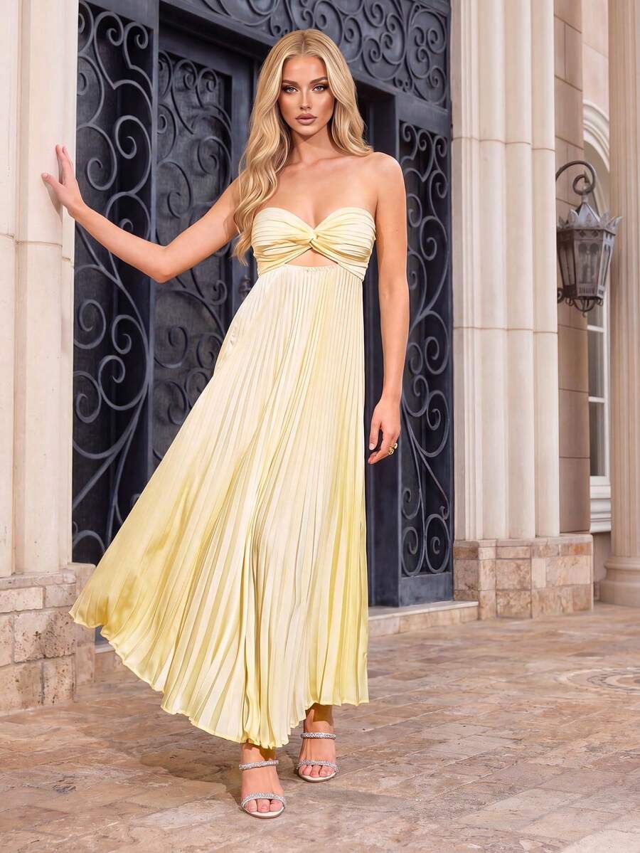 LOVE&LEMONADE Pale Yellow Strapless Backless Elastic Waist Hollow Design Pleated A-Line Maxi Bridesmaid Dress For Summer Wedding - Pale Yellow - View 1