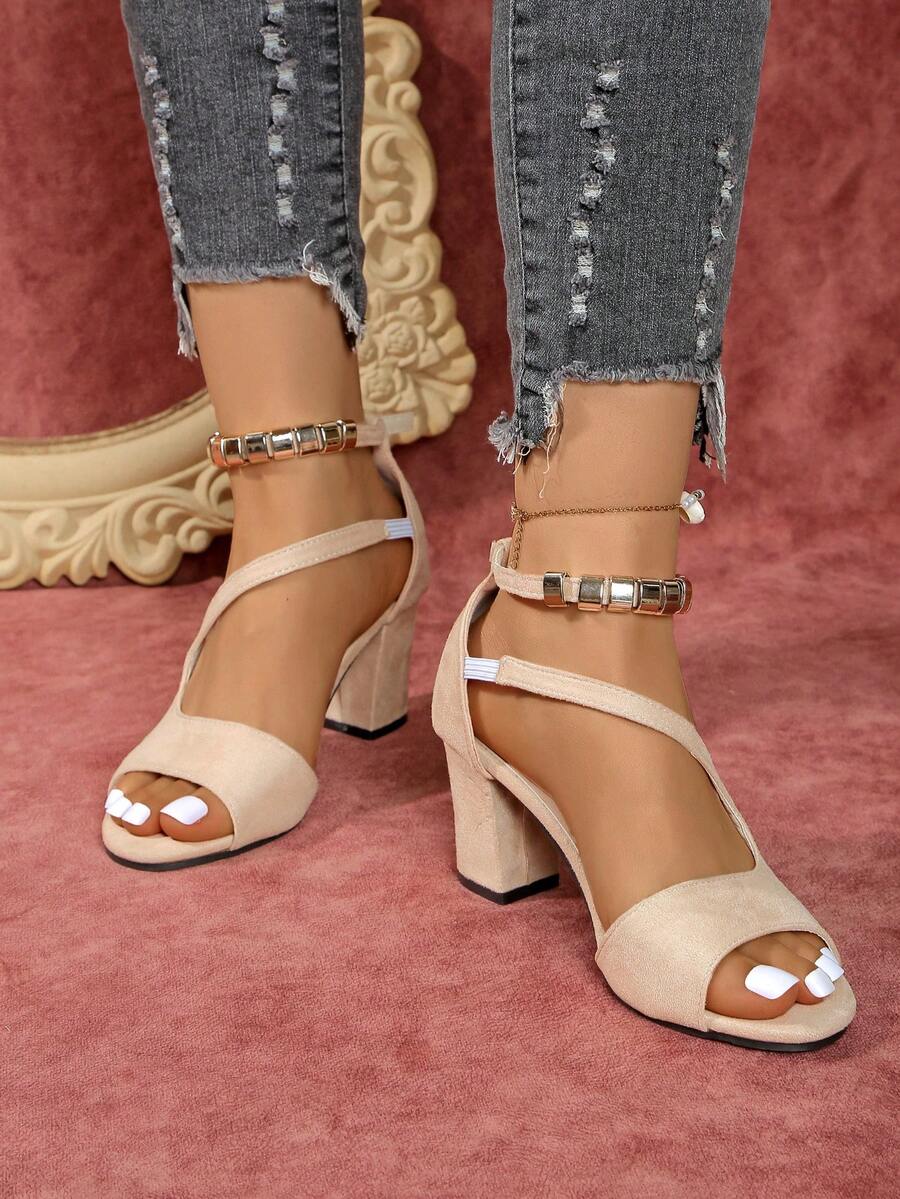 Women's Fashion One-Buckle Roman Sandals, Open Toe High Heels, Plus Size - Apricot - View 1