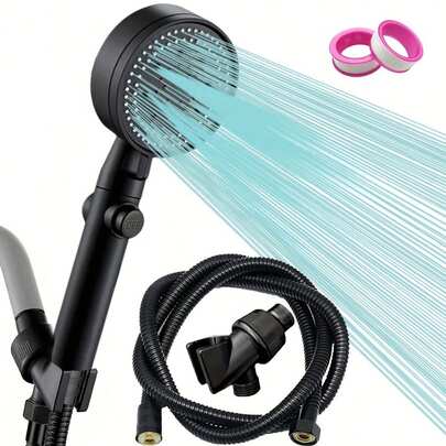 Bộ vòi sen cầm tay 5 chế độ áp lực cao, bao gồm ống dẫn nước 1,5m, 2 cuộn băng keo chống rò rỉ và giá đỡ, thích hợp cho hệ thống vòi sen phòng tắm có áp lực nước thấp.