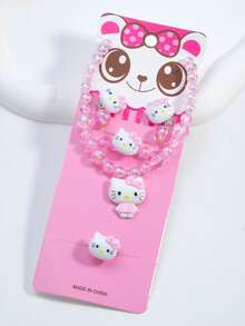Bộ trang sức 5 món Sanrio bằng hợp kim giả ngọc trai gồm dây chuyền, bông tai, vòng tay, nhẫn và mặt dây chuyền. - Hồng - Xem 6