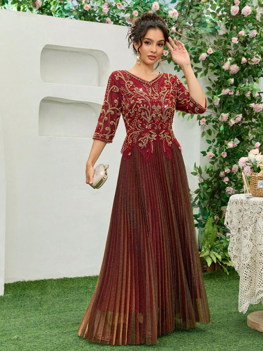 JINLICX Elegante vestido de fiesta de verano con volantes, lentejuelas y cuentas en color vino tinto