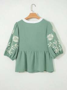 Sage Green Patchwork V-Neck Floral Embroidery Petal Sleeve Blouse Summer - Green - View 4