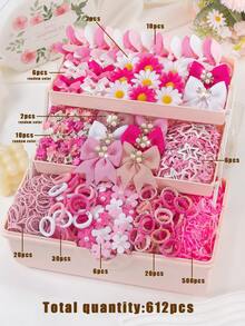 612pcs Cute Girl Hair Accessories Set, Including Rhinestone Bow Clips, Sunflower Flower Hair Clips, Ribbon Bow Clips, Pearl Flower Hair Ties, Star BB Clips, Mini Claw Clips, Elastic Lace Scrunchies, Solid Color Towel Rings, And TPU Hair Ties, Suitable For Daily Wear And Parties - Multicolor - View 4